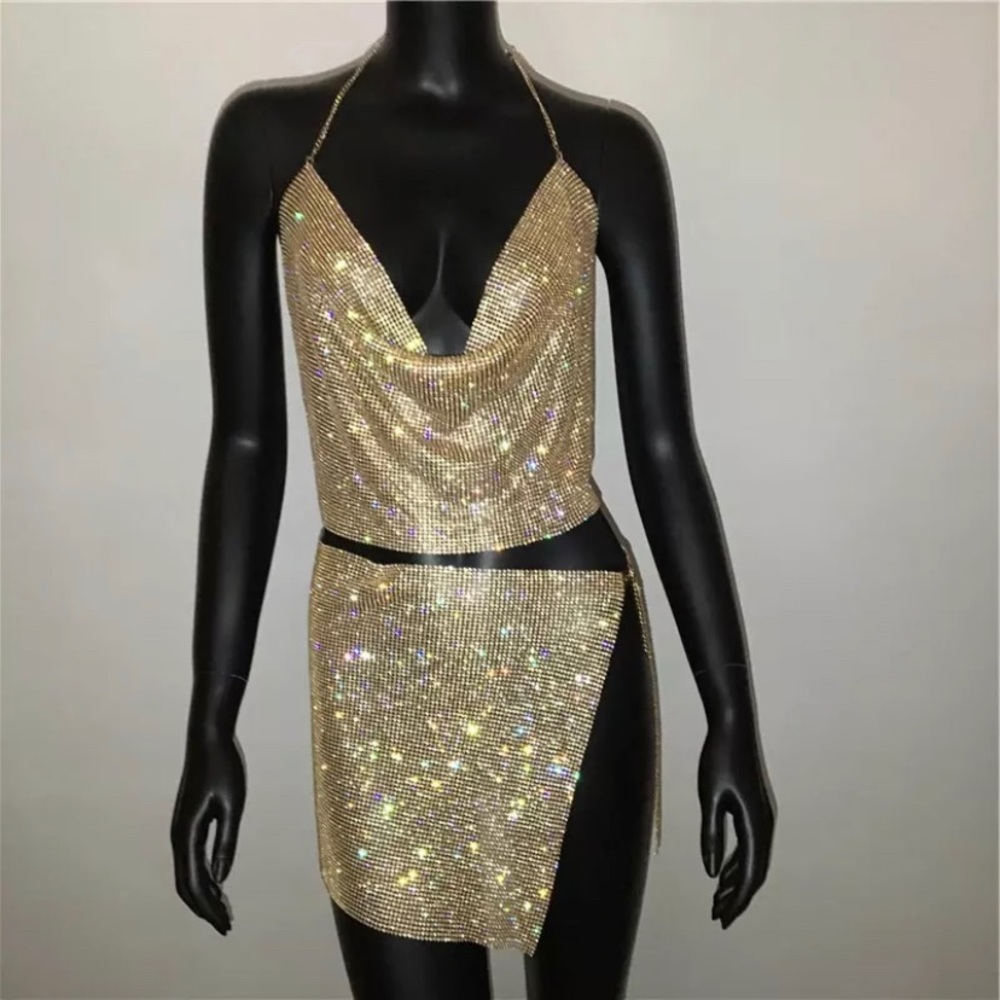 Rhinestone Backless  Women  Summer  Metal Set